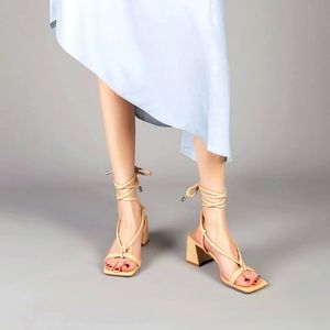 Women's Sandals Strappy Heels Low Chunky Block Square Toe Lace Up Ankle Wrap Tie